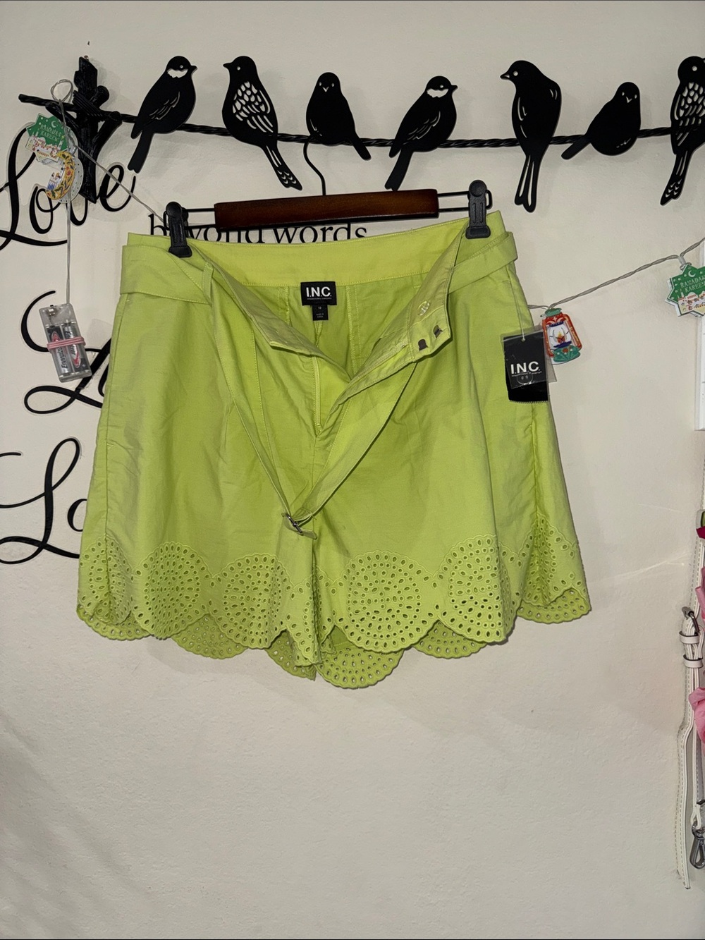 INC International Concepts Lime Eyelet Scallop-Hem Shorts